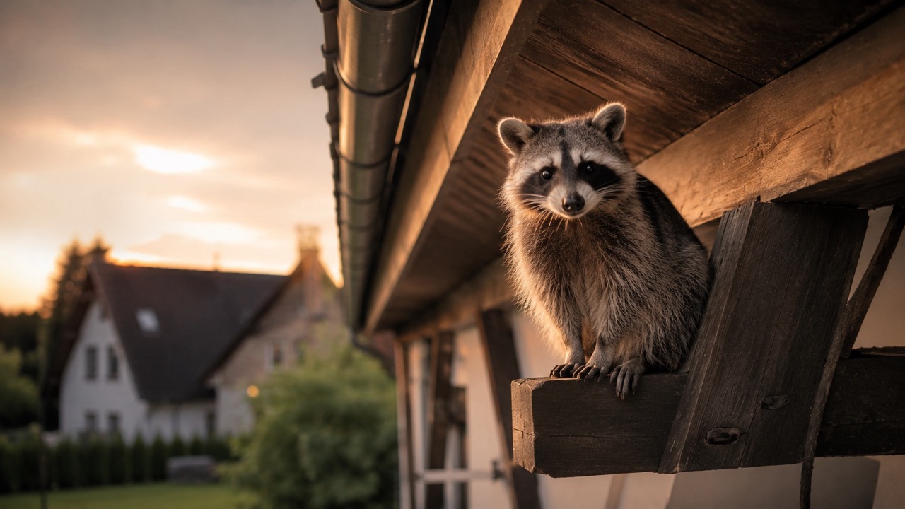 Waschbär auf einem Holzbalken unter dem Dachvorsprung eines Wohnhauses