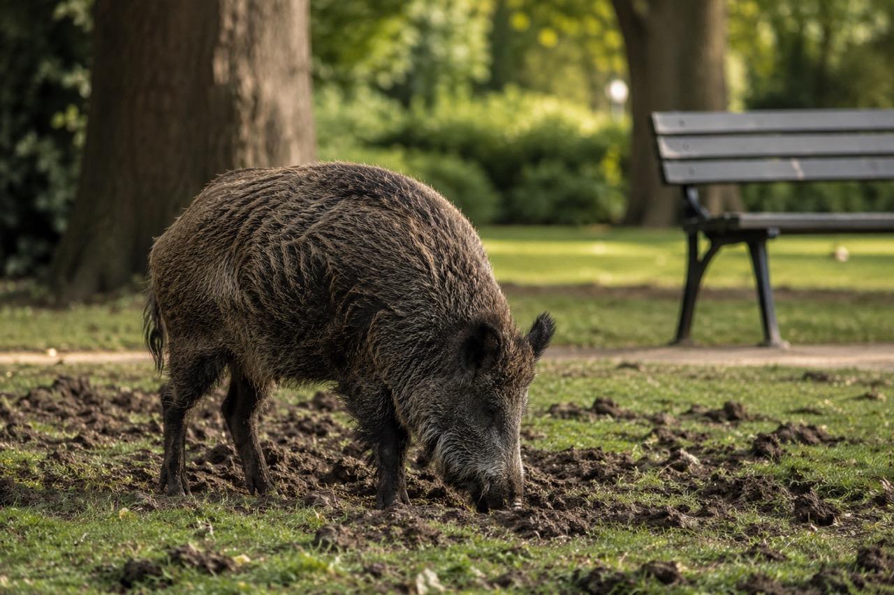 Wildschwein auf einer Rasenfläche in einem Park